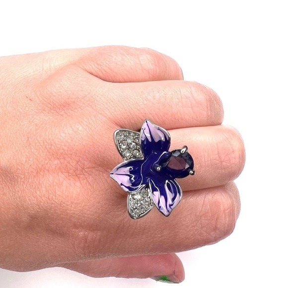 Sterling Silver Purple Orchid Flower Ring Enamel Rhinestone  Statement - Picture 3 of 9